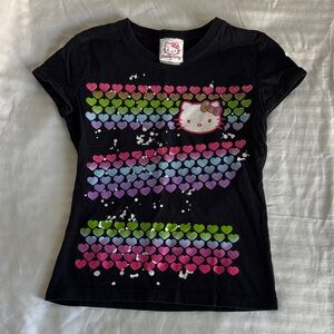 Hello Kitty Black Tee with Colorful Heart Stripes